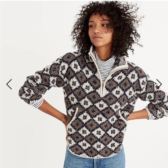 Madewell Tops - Madewell Popover Sweater Sweatshirt Teddy Design Quarter Zip Taupe Navy Blue